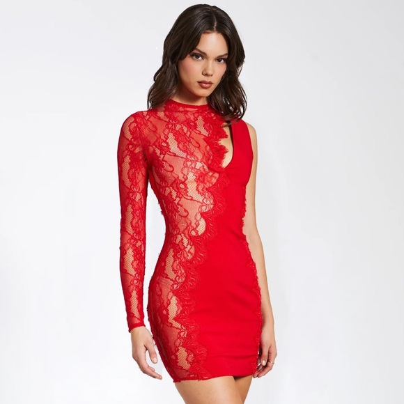 Xenia Red Lace Sleeve Mini Dress